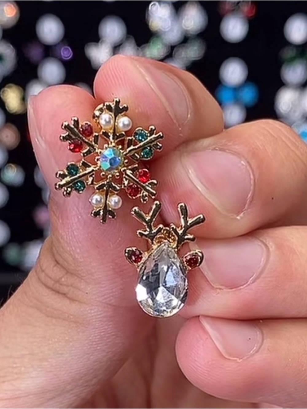 Festive Gold Snowflake and Reindeer Crystal Stud Earrings - Red & Green